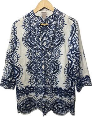 Chico's Jacket Open White Cotton Linen Blue Embroidered Silver Beaded Boho M/1